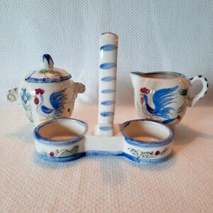 Vintage Nasco Blue Rooster Creamer and Sugar Bowl Set